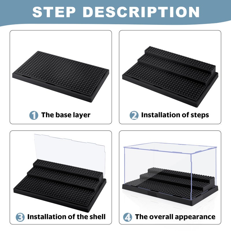 Pokiiulk 2 Pack Display Case for Minifigure Action Figures Blocks  Acrylic Minifigure Display Case Box Storage with 3 Movable Steps Gift for Kids Adults (Black) - Image 4